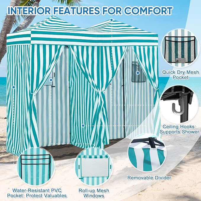 EAGLE PEAK Outdoor Changing Room 8x4, 2 Room Pop Up Portable Changing Room, Sun Shelter, Pop Up Changing Tent for Beach or Pool,Portable Dressing Room for Photoshoots (White/Light Blue)