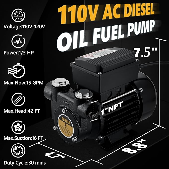 110V AC Diesel Oil Transfer Pump, 15GPM 60L/min, Self Priming Fuel Transfer Pump, Overheat Protection, Suitable for Diesel Kerosene Biodiesel Oil Mineral Oil.