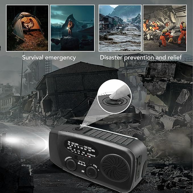 Jectse Emergency Weather Radio, FM AM WB Portable Solar Hand Crank Radio with 6000mAh Battery and LED Flashlight, for Home Outdoor Emergency (Black)