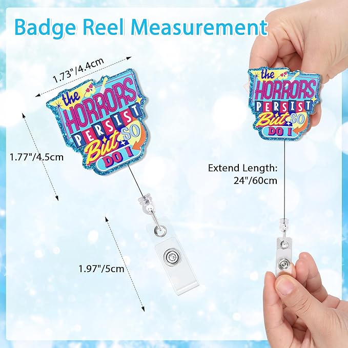 The Horrors Persist But So Do I Badge Reel with Alligator Clip Funny ID Badge Holders Cute RN LPN CNA MA PCT Badge Buddy Nursing Medical Students Nurse Accessories for Work