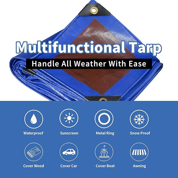TARPAL 12x25ft Waterproof Heavy Duty Tarp 16Mil Thick with Metal Grommets Every 17.7" Large Multipurpose Tarp Tear-Resistant UV Protection Covers Roof, Pool,Car,Firewood&Outdoor Furniture(Blue/Brown)