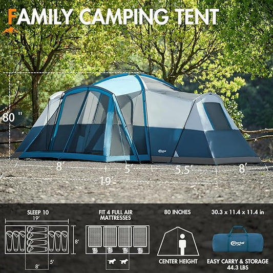 PORTAL 6/8/10 Person Family Camping Tent with Screen Room, Water Resistant Big Tunnel Tents with Rainfly, Large Family Tent for Camping, Outdoor, Patio