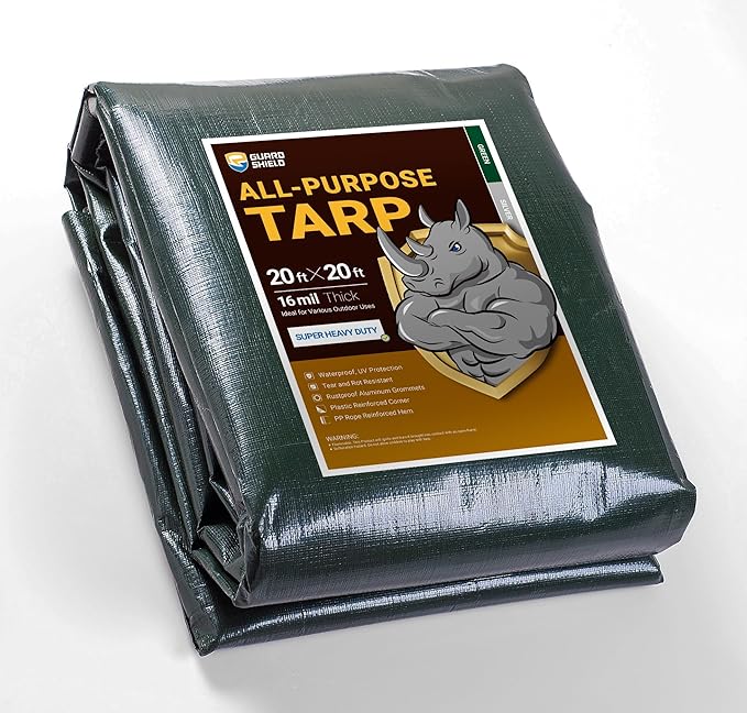 GUARD SHIELD Super Heavy Duty Green/Silver Poly Tarp Cover 20x20 Feet Waterproof 16mil Thick UV and Tear Resistant Tarpaulin with Grommets and Reinforced Edges