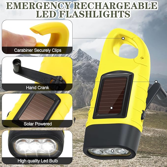 Leelosp 9 Pieces Hand Crank Flashlight Solar Powered Flashlight for Emergencies Dynamo Rechargeable LED Survival Light for Outdoor Sports Hiking Camping (Black,Green,Yellow)