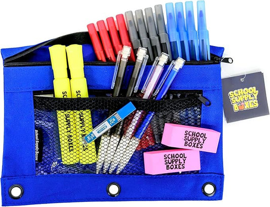 Secondary School Pencil Bag Kit – Mechanical Pencils, Black, Blue & Red Pens, Highlighters, Erasers & Lead Refill – Pre-Filled Pencil Pouch – Middle & High School
