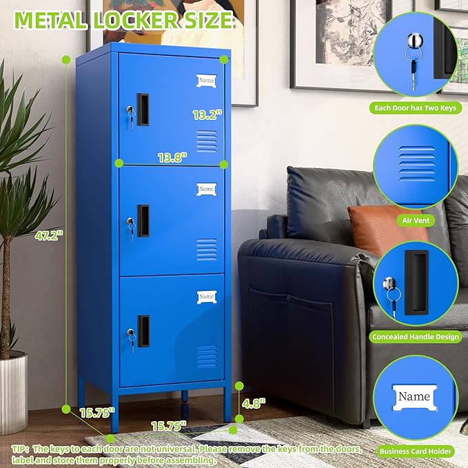 Aobabo 16" W 3 Door Metal Storage Locker with Lock, 47" H Steel Locker with Name Card Holder and Metal Leg for School, Home, Office, Playroom, Assembly Required, Blue