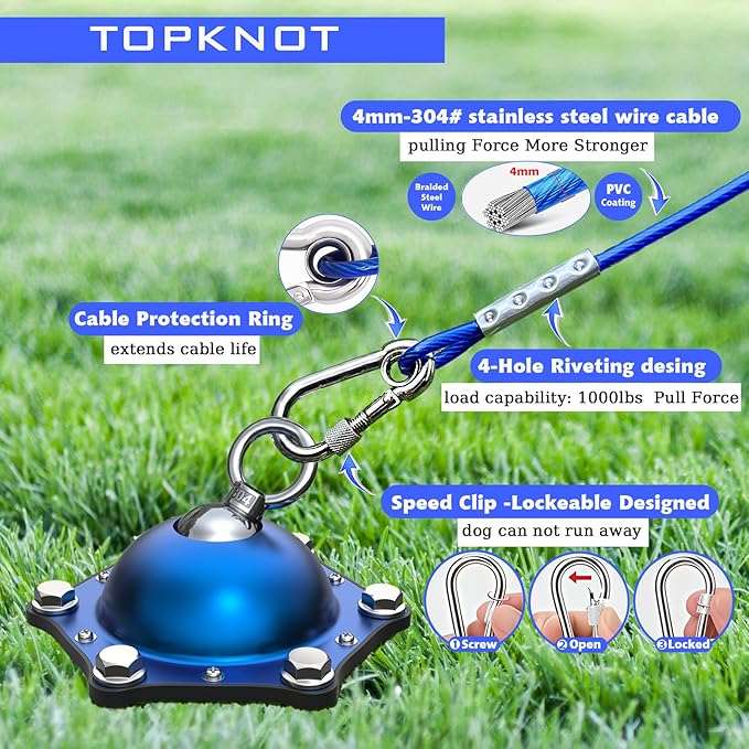 Dog Tie Out Stake and 20 FT Cable,Dog Tie Out Cable Design 360° Swivel Clips and Clasp,Ultra Durable and Lightweight.for Large Dogs UP to 150 LBS,for Yard Garden Park Camping Outside