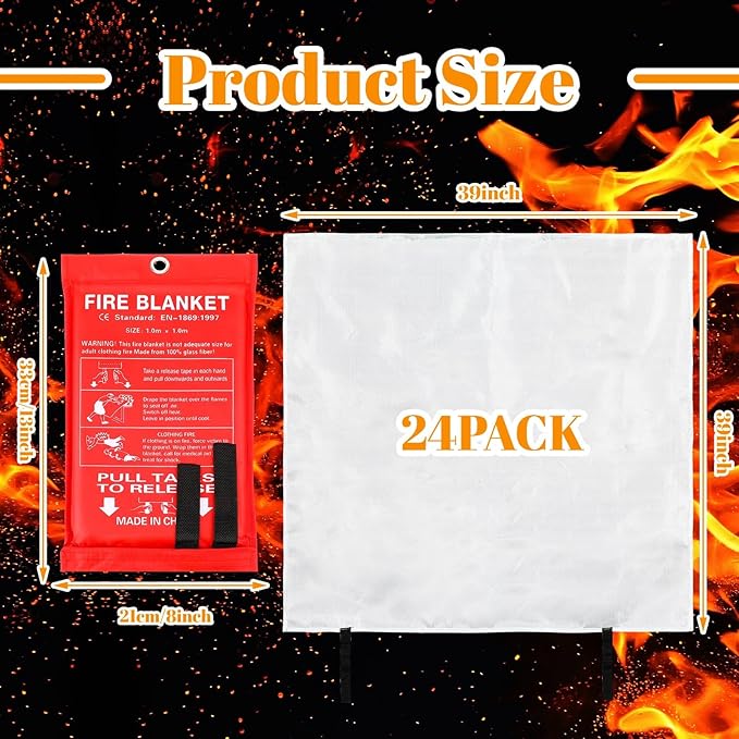 Jerify 24 Pcs Fire Blanket - Fiberglass Fire Emergency Flame Retardant Safety Fireproof Safety Suppression Cover Blanket for Kitchen, Home, Car and Office - 39 x 39 Inch (Red)