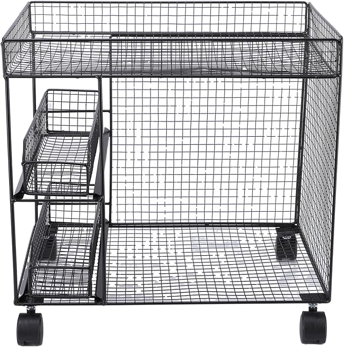 Mobile Storage Rack, Wide Opening Kitchen Storage Cart Rolling Utility Cart with 360 Rotating Wheels & Pull Out Baskets Kitchen Organizer for Bowls, Dishes, Utensils (Black)