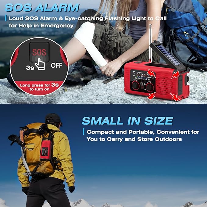 Emergency Weather Radio, 4000mAh NOAA Weather Alert Radio Solar Charging, Hand Crank & USB Charged, AM/FM with LED Flashlight, Reading Lamp, SOS Alarm, Headphone Jack for Outdoor Indoor