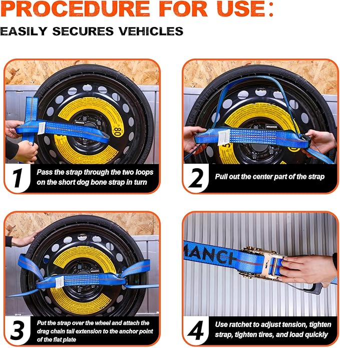 8 Point Roll Back Vehicle Tie Down Kit, with Heavy-Duty Chain Extension on Both Ends, Ratchet Handle - Lockout Kits for Vehicles and Cars Tie Down Straps Tow System - Blue