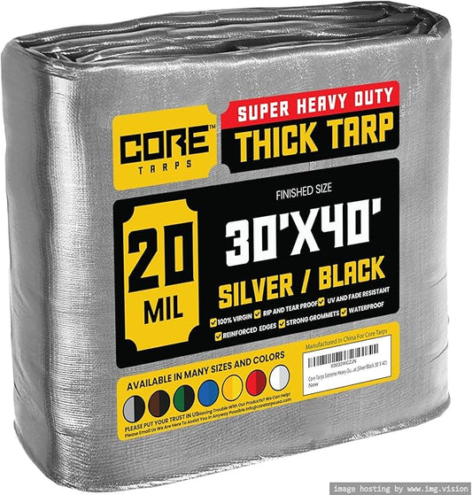 Core Tarps Extreme Heavy Duty 20 Mil Tarp Cover, Waterproof, UV Resistant, Rip and Tear Proof, Poly Tarpaulin with Reinforced Edges for Roof, Camping, Patio, Pool, Boat (Silver/Black 30′ X 40′)