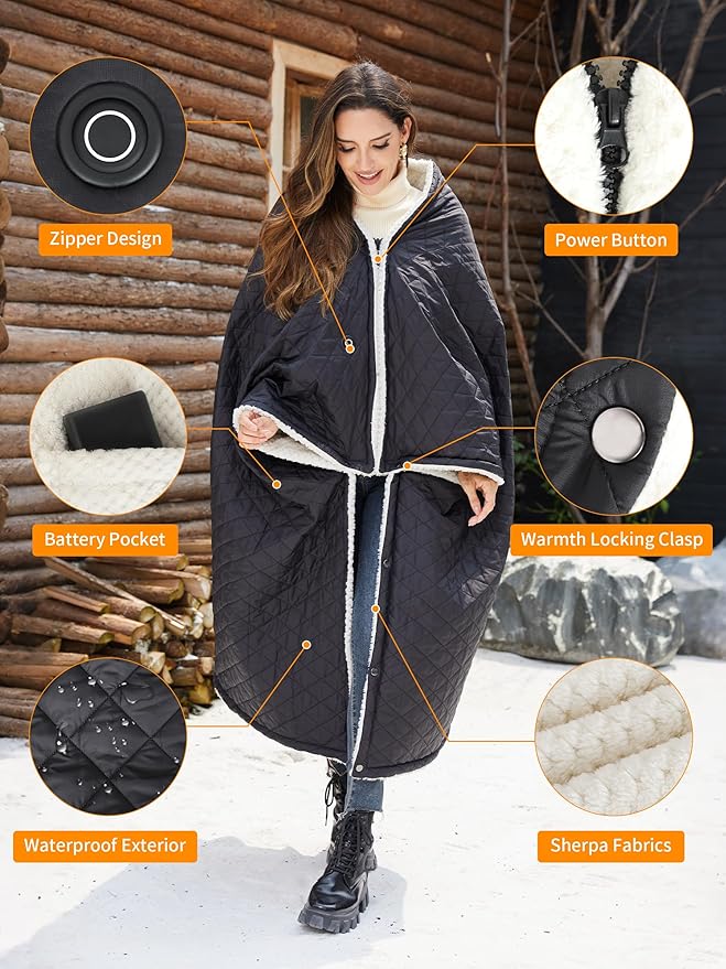 Heated Blanket Battery Operated,12V Cordless heating pad with 15000 battery,Heated Shawl Throw Blanket,Wearable Heated Blanket,Sherpa Lining,3 Heating Set for Outdoor Camping,Backpacking,Hiking,Travel