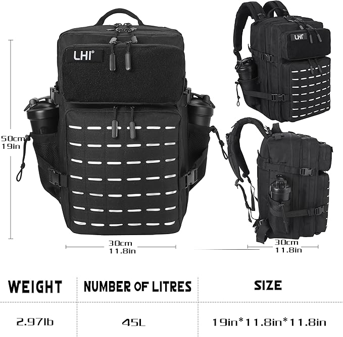 LHI Tactical Military Backpack for Men 25L/45L Large Molle Army Assault Pack 3 Day Hiking Rucksack With Bottle Holder