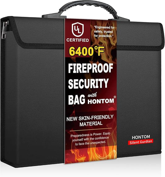 Hontom Fireproof Document Bag with 2 Pockets, 6400℉ Upgraded Material Fireproof Money Bag with Lid, Travel Home Fire Safe Storage Cash Pouch for Important Documents