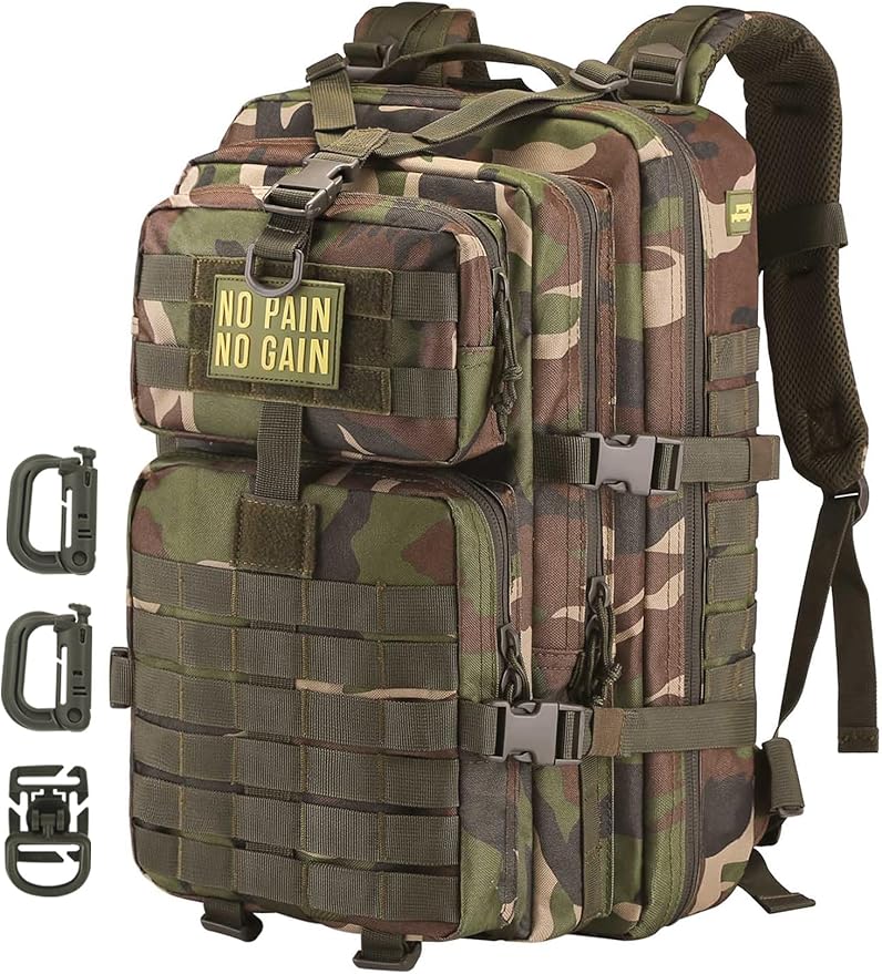 MOLLE Assault Backpack, Tactical Backpack Military Army Camping Rucksack, 3-Day Pack Trip w/Patch, D-Rings, Woodland