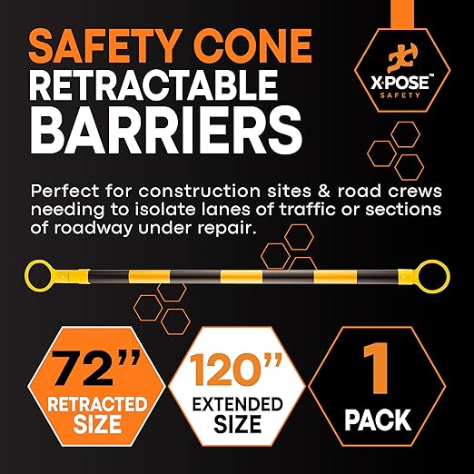 Retractable Barrier for Safety Traffic Cones - 2" OD - Large Yellow and Black Bar Barricade - for Road Construction, Parking, Warning, Temporary Security Divider (1, Yellow & Black, 72" x 120")