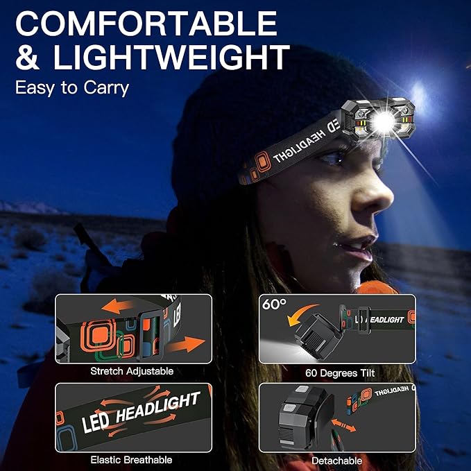 KunHe 10 Pack led Rechargeable Headlamp Flashlight Headlight Motion Sensor 10 Mode for Outdoor Camping Gear Hiking Fishing Running Cycling Headlight Emergency Lights for Home Christmas Gifts for Men