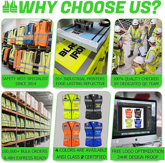 BeautyWill 10 Pack Custom Logo Safety Vest ANSI Class 2 High Visibility Reflective Vest Personalized Construction Vest Bulk