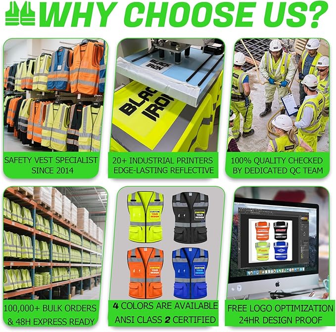 BeautyWill 10 Pack Custom Logo Safety Vest ANSI Class 2 High Visibility Reflective Vest Personalized Construction Vest Bulk