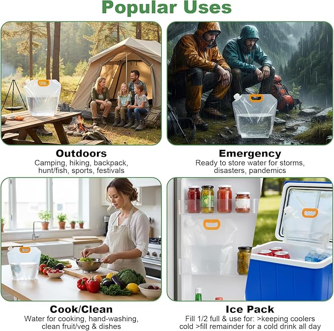 20Pcs 1.3Gallon Collapsibles Water Container Bag Bulk, Emergency Container Carrier Water Bottles, Freezable Waters Storage Jug, BPA Free Food Grade Clear Plastic for Outdoor Camping Riding