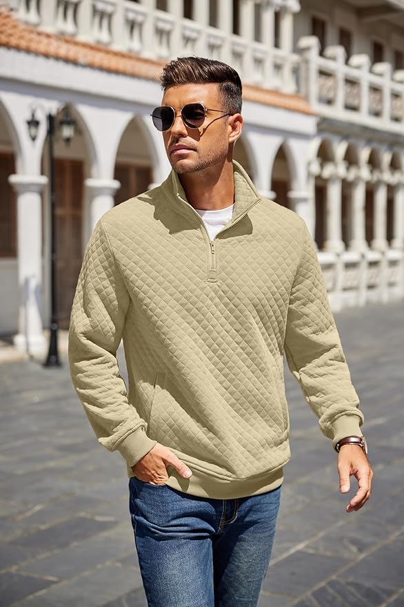 COOFANDY Mens Quarter Zip Pullover Quilted Sweatshirt Knit Long Sleeve Mock Neck Sweater Polo with Pocket