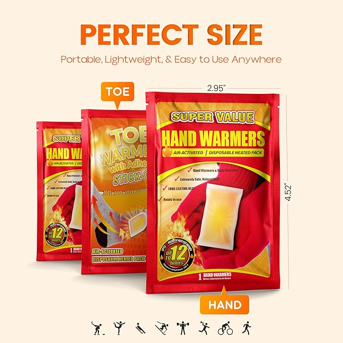 Hand Warmers Disposable 10/30/55/90/175/125/240/375/500/700Pcs, Long-Lasting Up to 12 Hours for Warm Body, Safe Portable Hand Warmers for Hand & Foot, Heater for Camping, Fishing, Winter