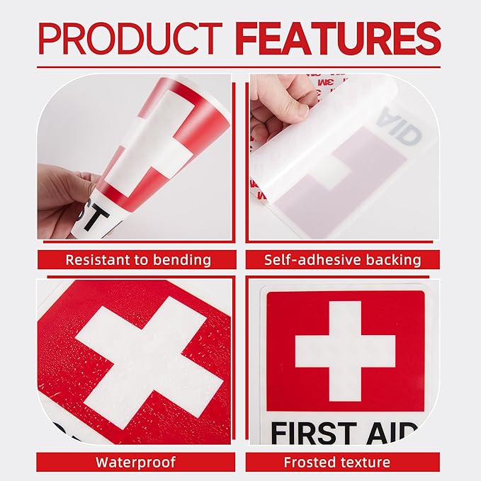 3PCS First Aid Sign Sticker for Home，Self-Adhesive Waterproof First Aid Decals for First Aid Boxes, Emergency First Aid Kit Supplies for Car, Office or Business 5.5''x5.5''