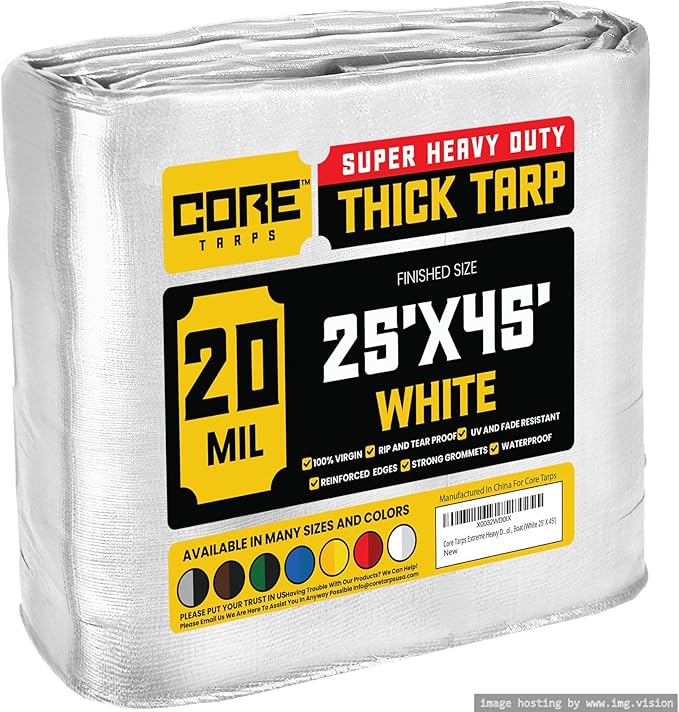 Core Tarps Extreme Heavy Duty 20 Mil Tarp Cover, Waterproof, UV Resistant, Rip and Tear Proof, Poly Tarpaulin with Reinforced Edges for Roof, Camping, Patio, Pool, Boat (White 25′ X 45′)