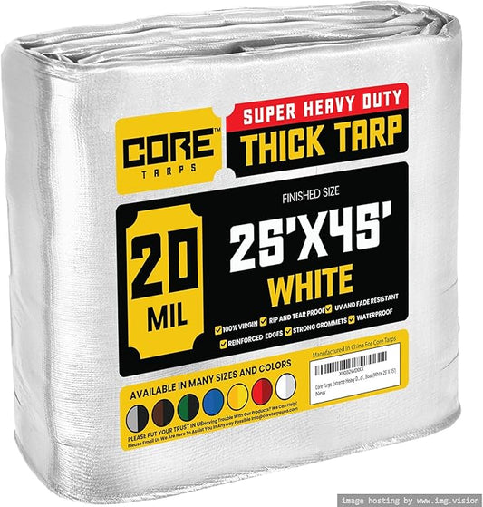 Core Tarps Extreme Heavy Duty 20 Mil Tarp Cover, Waterproof, UV Resistant, Rip and Tear Proof, Poly Tarpaulin with Reinforced Edges for Roof, Camping, Patio, Pool, Boat (White 25′ X 45′)