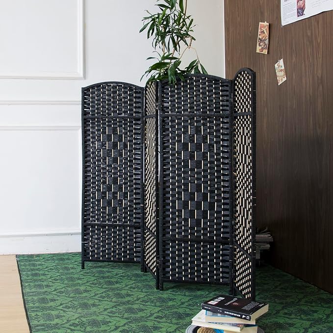4 Panel Rattan Divider Short Room Partition Screen,Double Sided Folding Divider for Room Separation,Black,47.2" H x 63" W