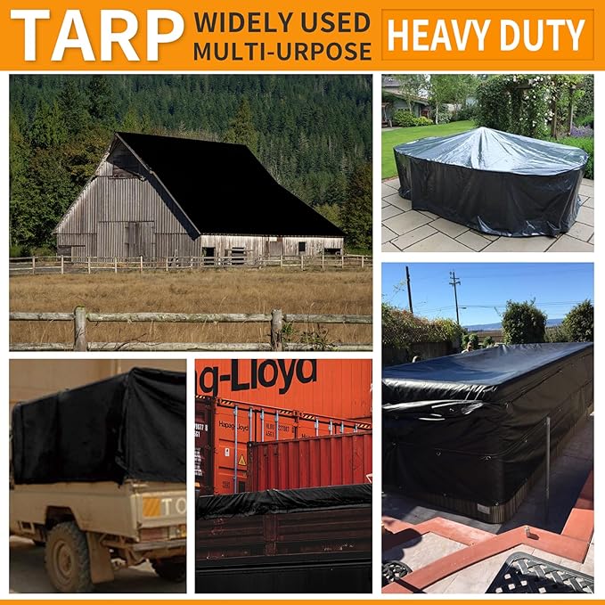 TEZONG Heavy Duty Waterproof 14x16ft Black Tarp, 12MIL Polyethylene, UV Resistant, Ideal for Camping, Hunting, Emergency Preparedness