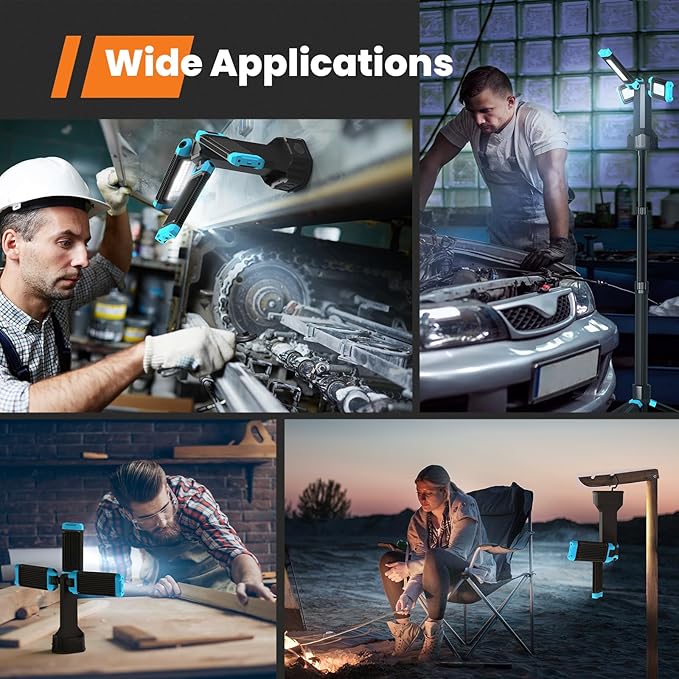 5000 Lumen Work Light with Stand, GoGonova 67'' Rechargeable Cordless Work Light with Triple LED Lamps, 1200/2500/5000 Lumen, 4500/7000K Dimmable Led Work Light Kit with Detachable Tripod