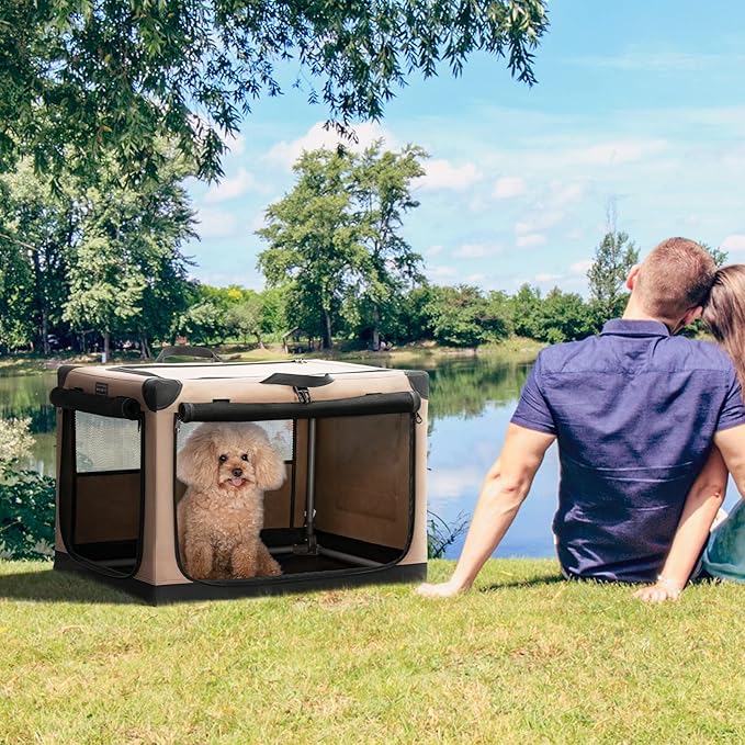 PETSFIT Portable Dog Crate, Soft Sided Dog Crate - 26 Inch Lightweight, Easy Setup, Sturdy Dog Travel Crate, Adjustable Framework with 3 Mesh Door, Collapsible Dog Kennel Khaki