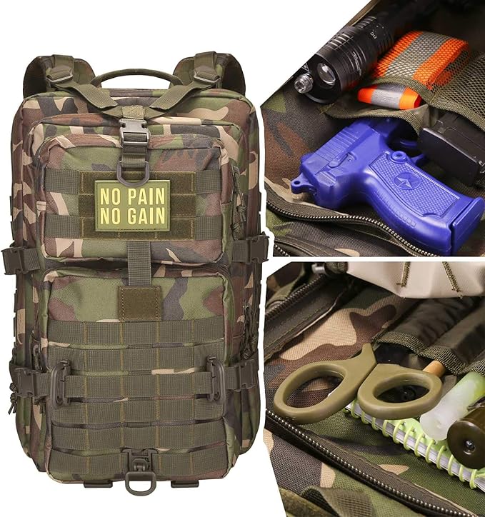 MOLLE Assault Backpack, Tactical Backpack Military Army Camping Rucksack, 3-Day Pack Trip w/Patch, D-Rings, Woodland