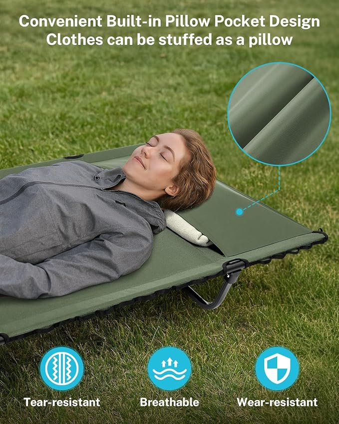 Gonex 31.5" Extra Wide Camping Cot with Premium Pillow Pocket Supports 350lbs, Portable Ultralight Folding Cot Bed for Adults Travel, Beach, Home, Sleeping (Army Green)