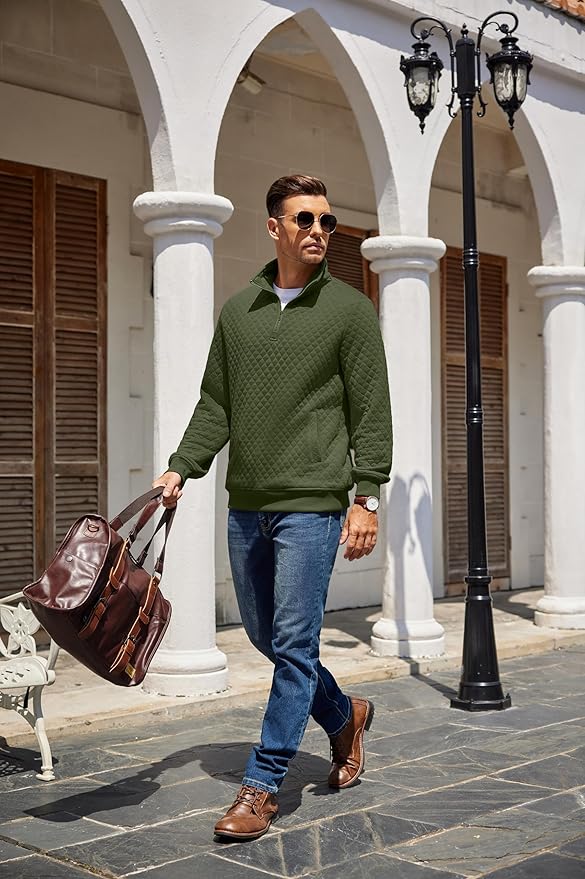 COOFANDY Mens Quarter Zip Pullover Quilted Sweatshirt Knit Long Sleeve Mock Neck Sweater Polo with Pocket