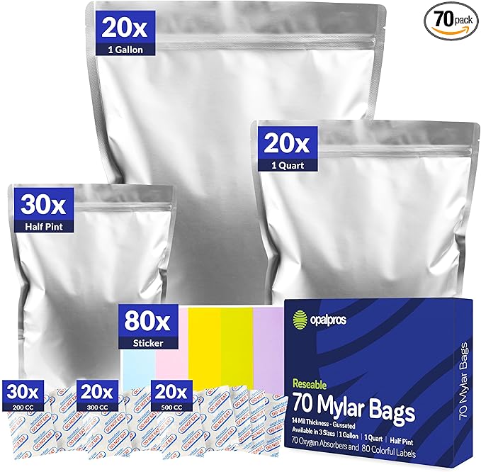 70-Pack 14 Mil Mylar Bags with Oxygen Absorbers, Gusseted 1 Gallon(10), 1 Quart(20) & 1/2 Pint(30) Bags with 500cc, 300cc & 200cc OA - Resealable Mylar Bags for Food Storage with Colourful labels