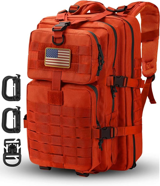 MOLLE Assault Backpack, Tactical Backpack Military Army Camping Rucksack, 3-Day Pack Trip w/USA Flag Patch, D-Rings, Orange