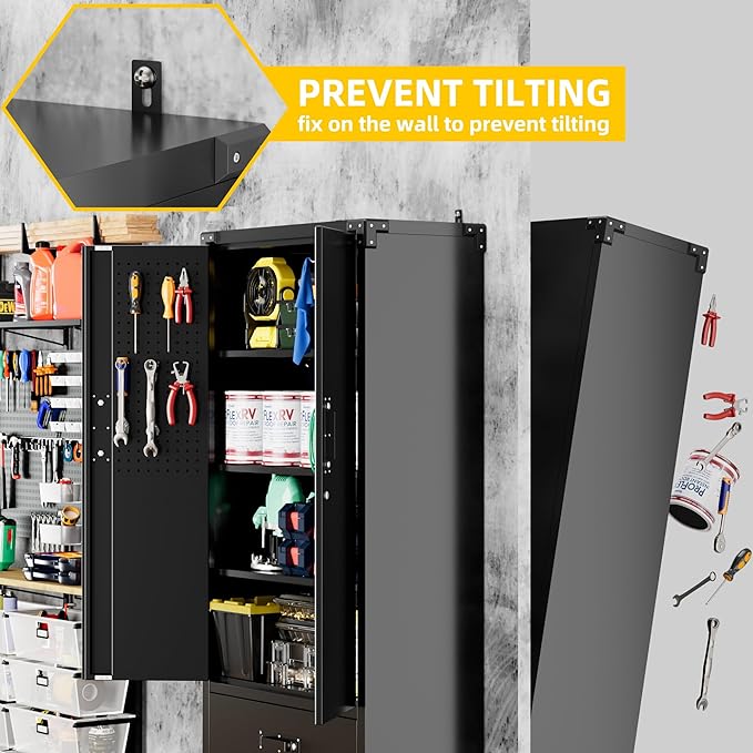 Garage Storage Cabinet with 2 Drawers and Pegboard, Metal Storage Cabinet with 2 Lockable Doors for Garage Home Office,Required Assembly,Black,71.2" H*15.2" D*30" W