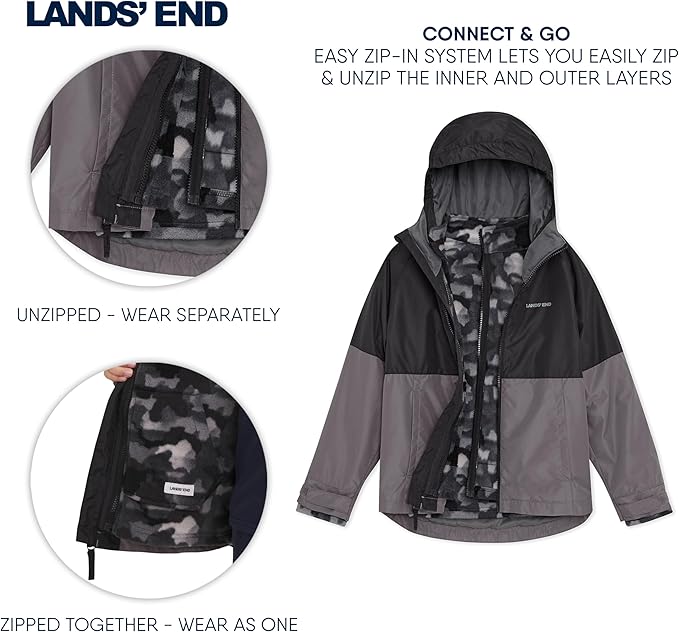 Lands' End Unisex Kids 3-in-1 Water Resistant Windbreaker and Zip-out Polar Fleece Jacket