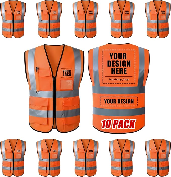 Custom Safety Vest with Logo, High Visibility Reflective Personalized Vest with Pockets for Men Women Construction