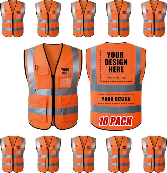 Custom Safety Vest with Logo, High Visibility Reflective Personalized Vest with Pockets for Men Women Construction