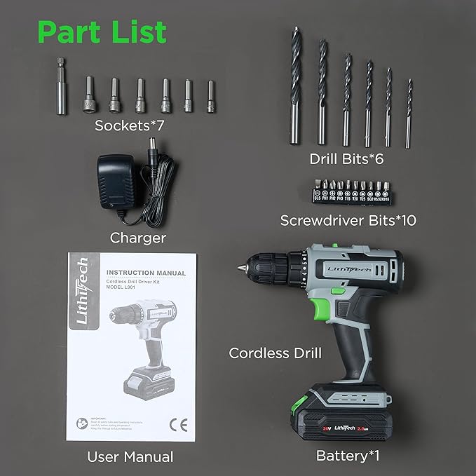 Cordless Drill Set, 20V Power Drill with Battery 2.0Ah and Charger, 3/8-Inch Keyless Chuck Electric drill, 18+1 Position, 2 Variable Speed, 380 In-lb Torque (Green)