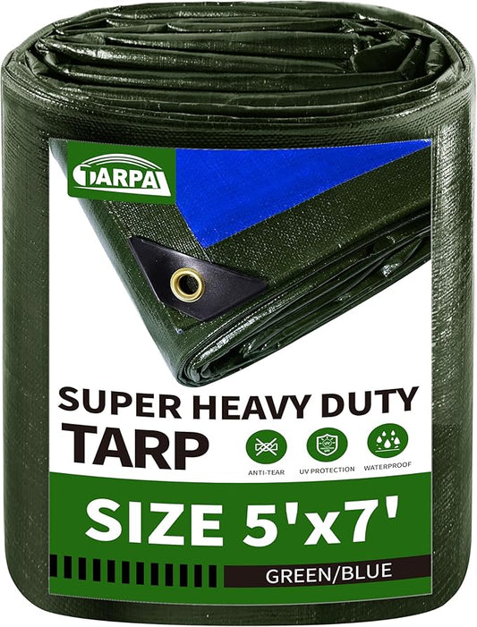 TARPAL 5x7FT Heavy Duty Waterproof Tarp - 16mil Thick Tarp with Metal Grommets Every 17.7" UV&Tear Resistant All-Weather Protection Cover for Firewood, Roof, Pool & Outdoor Furniture (Green/Blue)