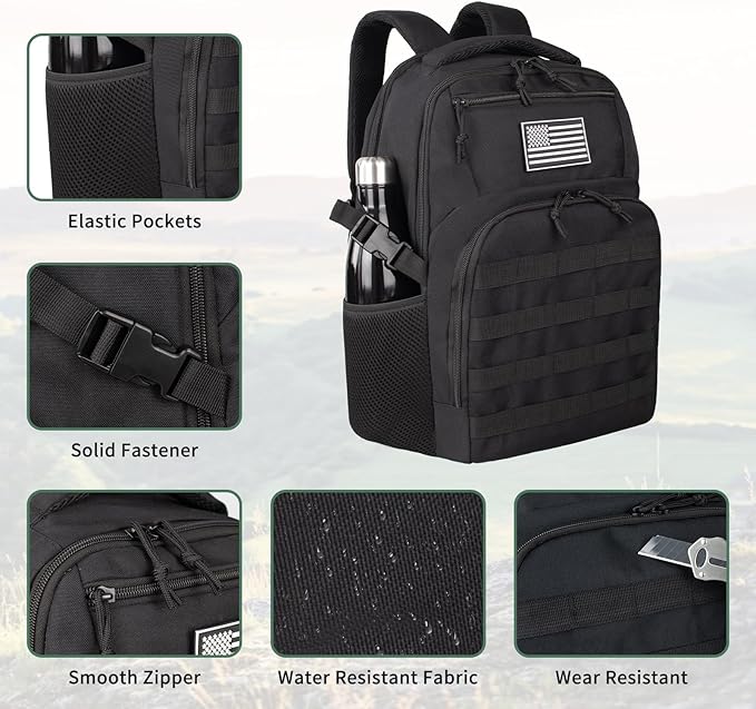 Military Tactical Backpack for Travel Hiking,Black Backpack for Men with Bottle Holder, 30L Small Laptop Backpack for Work, Men's Assault Bag Back Pack