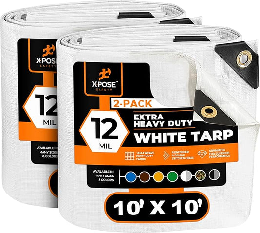 Heavy Duty White Poly Tarp 10' X 10' (2-Pack) - Multipurpose Protective Cover - Durable, Waterproof, Weather Proof, Rip and Tear Resistant - Extra Thick 12 Mil Polyethylene - by Xpose Safety
