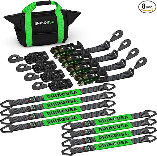Rhino USA Car Tie Down Straps for Trailers with Snap Hooks (4-Pack) -2" x8' (10,000lb Break Strength) - Heavy Duty T-Handle Car Hauler Tire and UTV Axle Straps, Powersports & More - Black