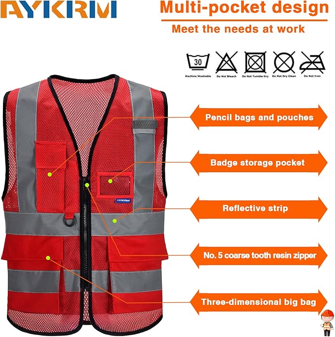A-SAFETY Big and Tall Red Reflective Safety Vest 4XL 5XL