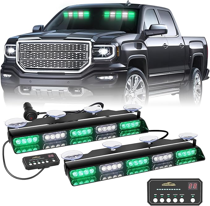XRIDONSEN 2x 17 inch Green White Emergency Lights for Vehicles 40 LED Emergency Dash lights Interior Front/Rear Windshield Strobe Lights Safety Warning for Volunteer Firefighter Vehicles Trucks